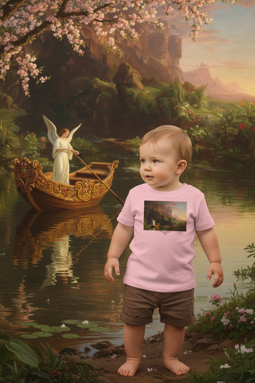 Baby wearing Voyage of Life t-shirt standing on shore watching ornate boat with angel drift by