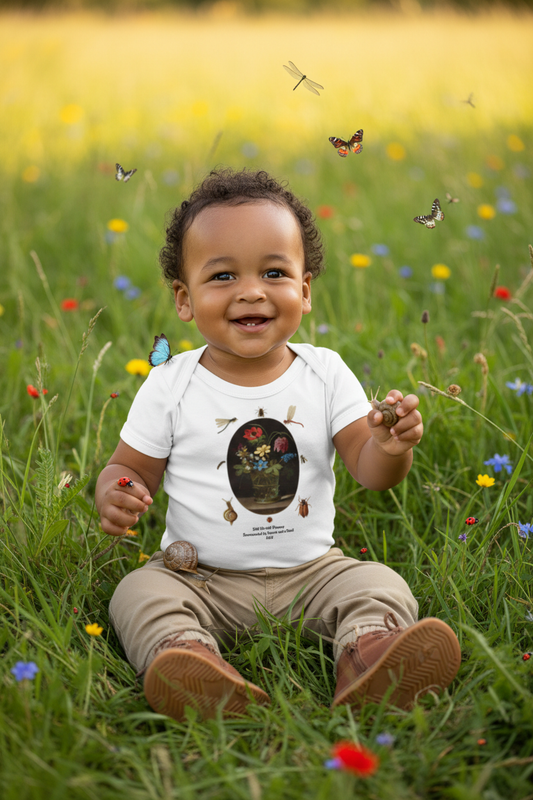Baby with butterflies and one dragonfly above