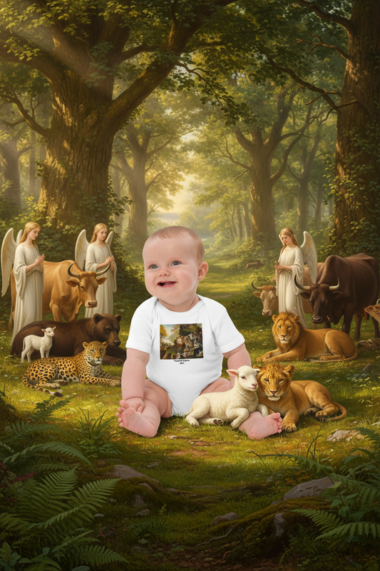 Baby with lamb and lion cub both lying down