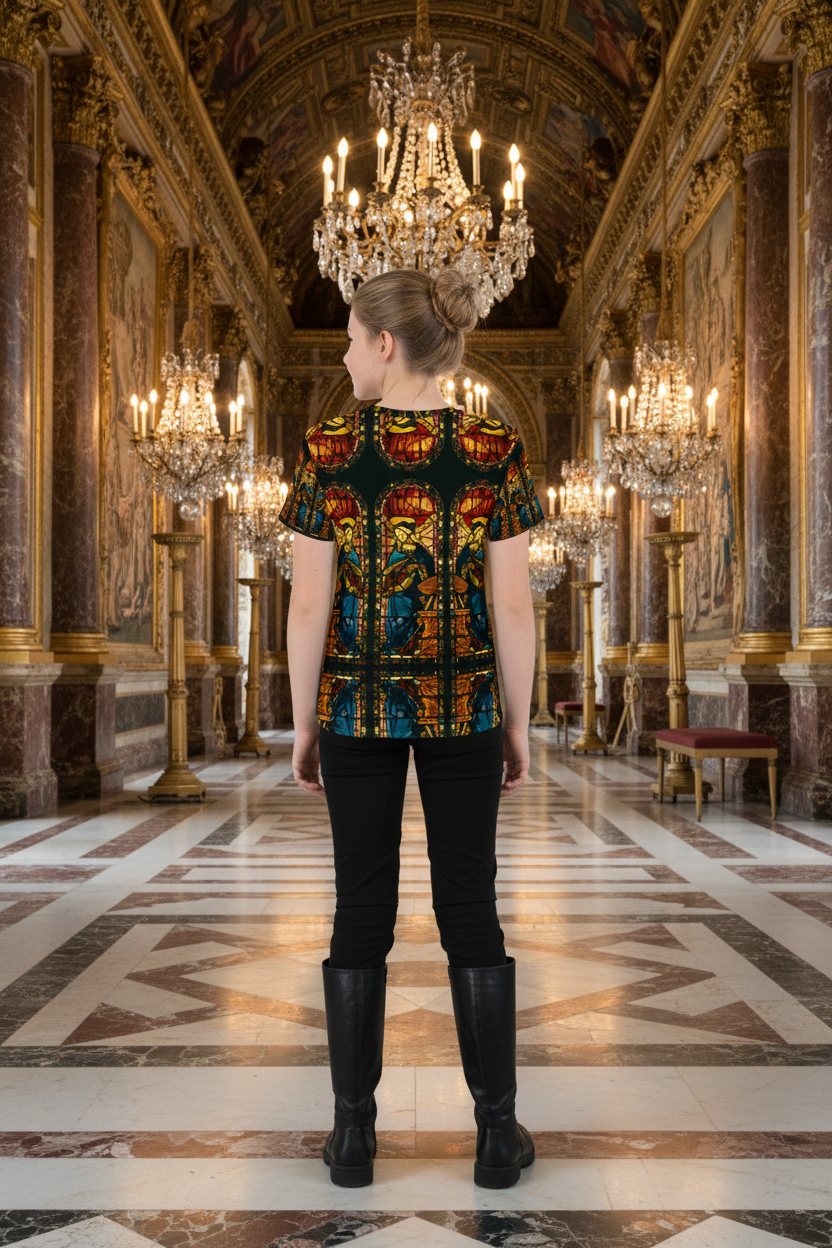 Back view - Girl youth model in The Virgin Annunciate shirt