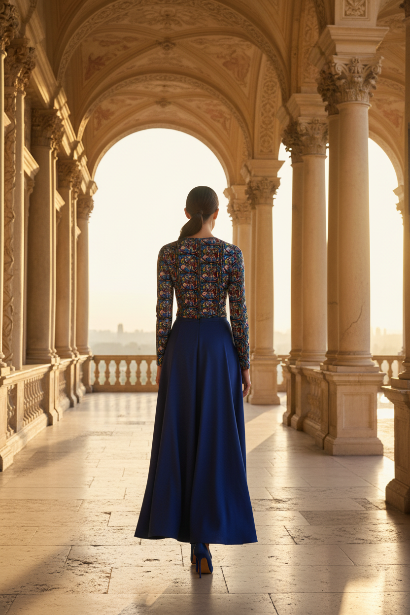 Back view - model walking on Renaissance terrace