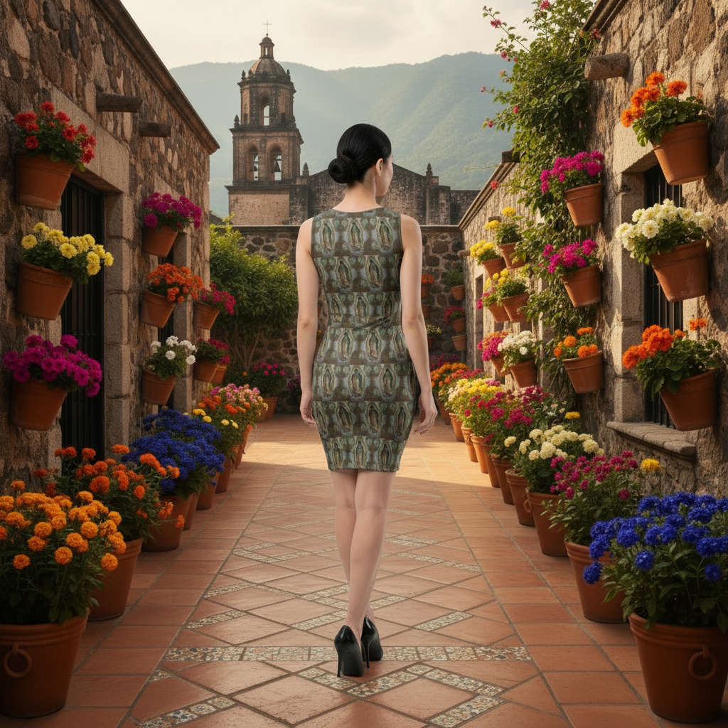 Back view of dress in courtyard