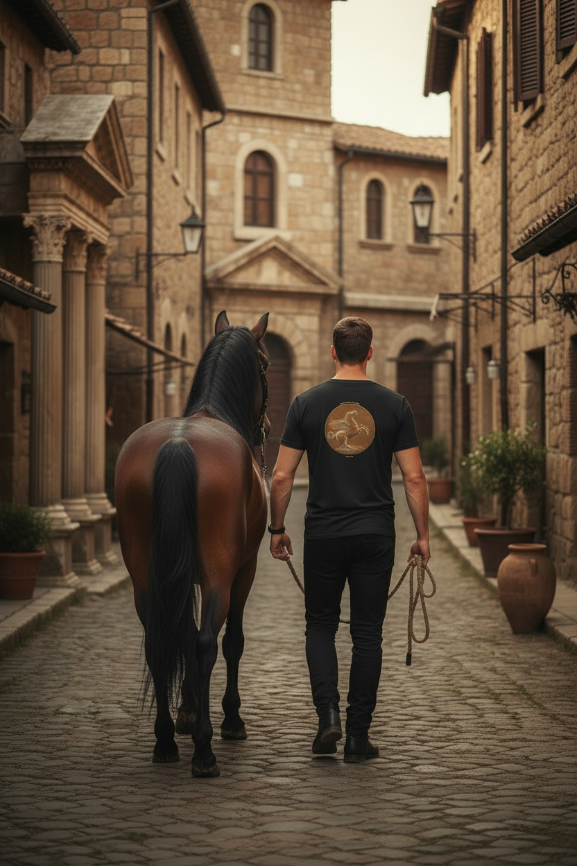 Back view of man walking away leading large dark brown horse with black tail in Roman village