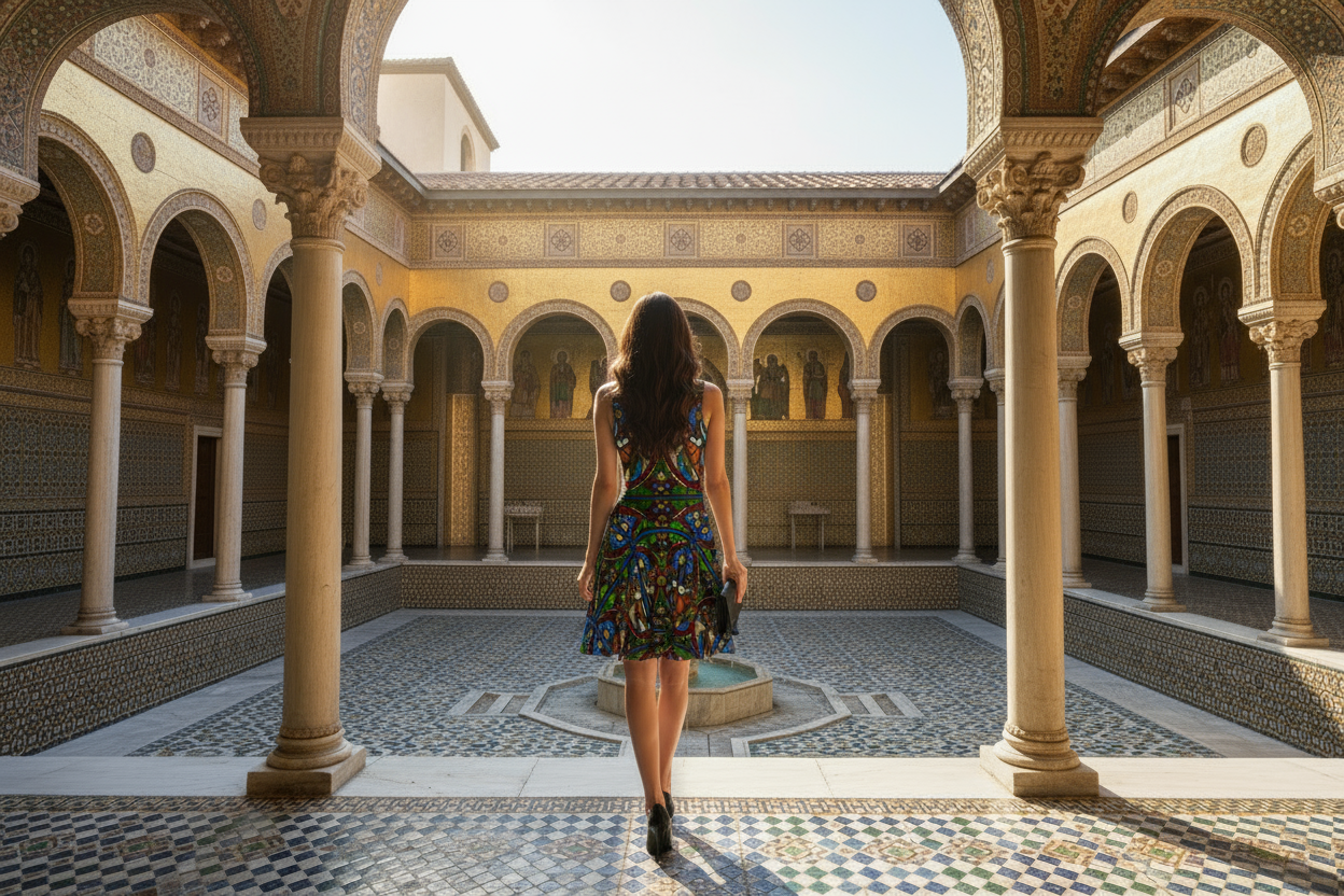 Back view of model in Angels dress with black accessories in Byzantine palace