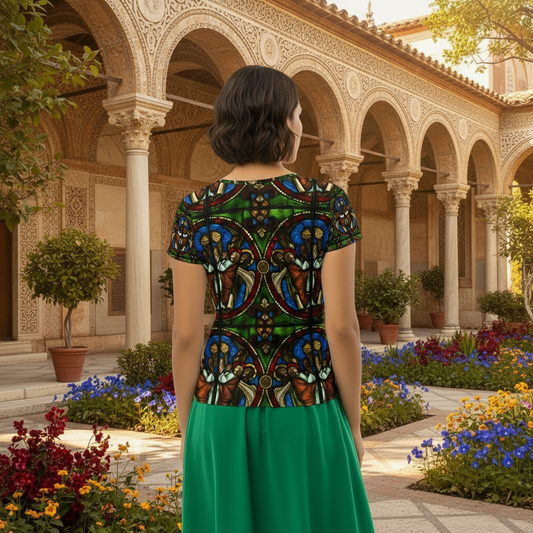 Back view of model in Byzantine garden