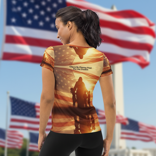 Back view of model wearing Freedom shirt