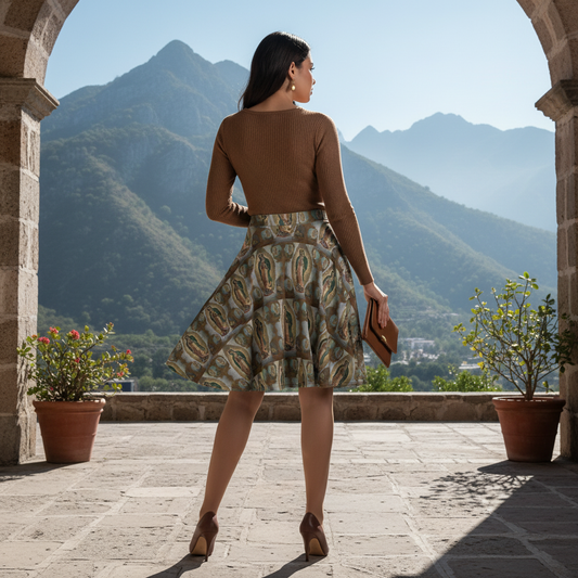 Back view of model wearing Virgin of Guadalupe skirt in Mexican mountain courtyard