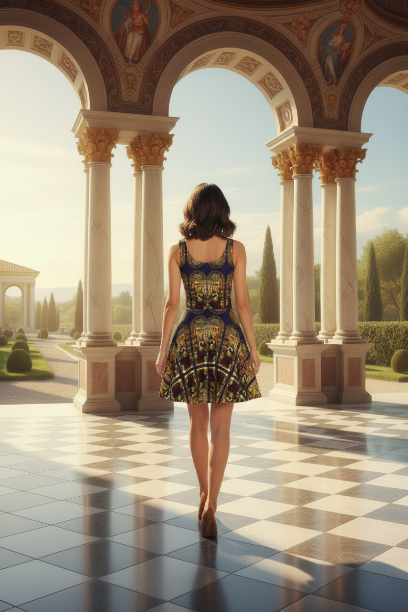 Back view of model with short hair walking onto terrace wearing The Angel of the Annunciation dress