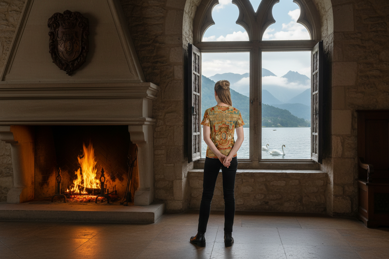 Back view of youth girl in Arms of the Greder Family t-shirt looking out castle windows