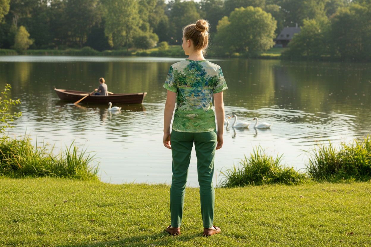 Back view of youth girl in Girl in a Boat with Geese t-shirt by lake