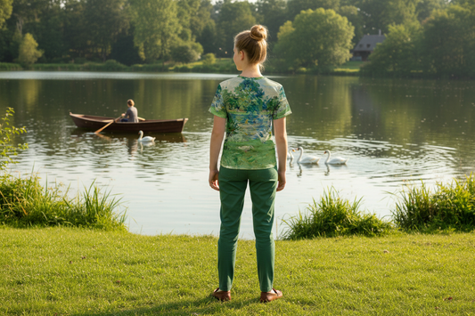 Back view of youth girl in Girl in a Boat with Geese t-shirt by lake