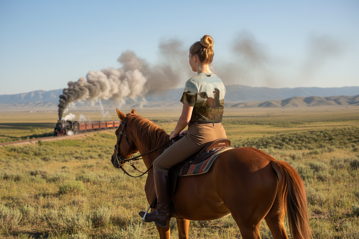Back view of youth girl on horse watching steam train, showing back of The Neigh of an Iron Horse t-shirt