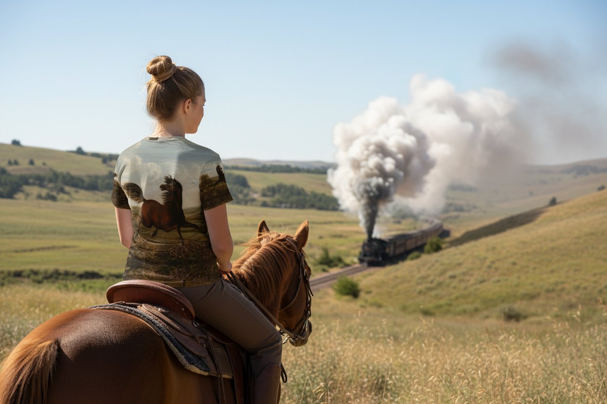 Back view of youth girl on horse with untucked t-shirt watching steam train