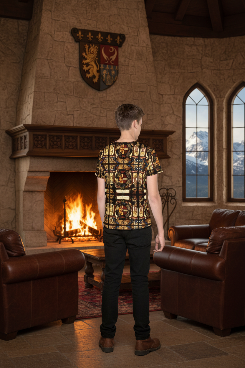 Back view of youth in t-shirt with black slacks and brown boots in castle