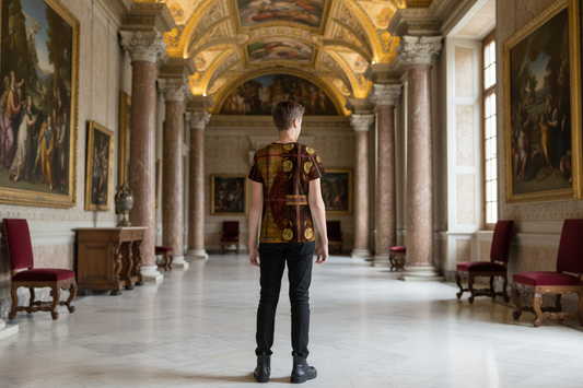 Back view of youth wearing The Archangel Gabriel t-shirt in Renaissance interior