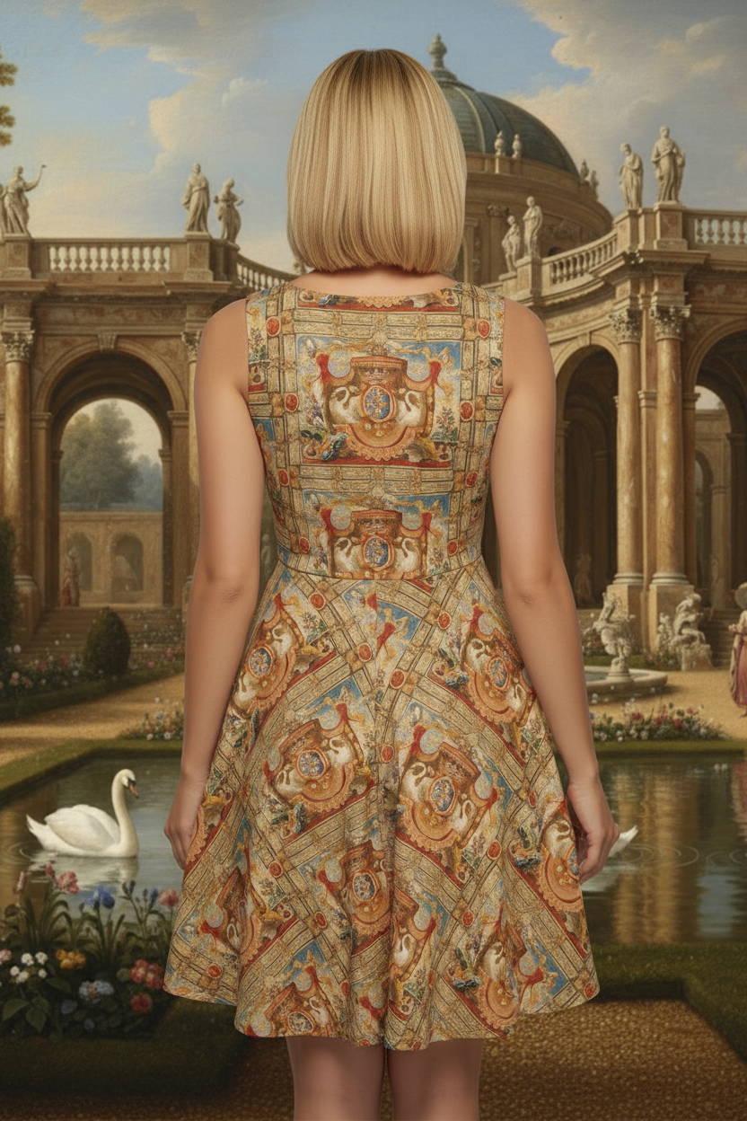 Back view with natural straight drape - Coat of Arms with Swans dress