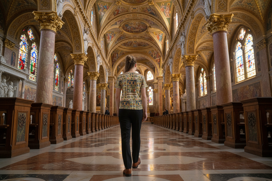 Back view with pleated black slacks and brown shoes