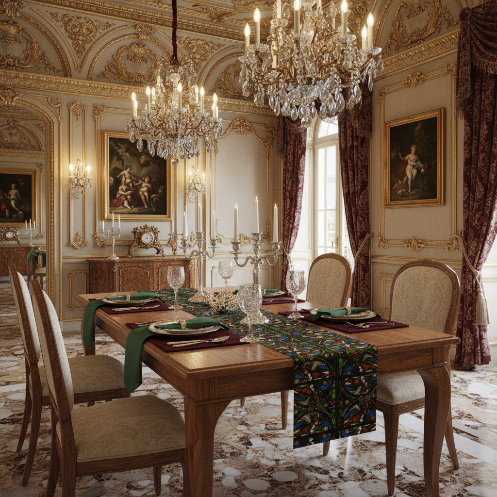 Baroque dining room with exact table runner design, placemats and napkins