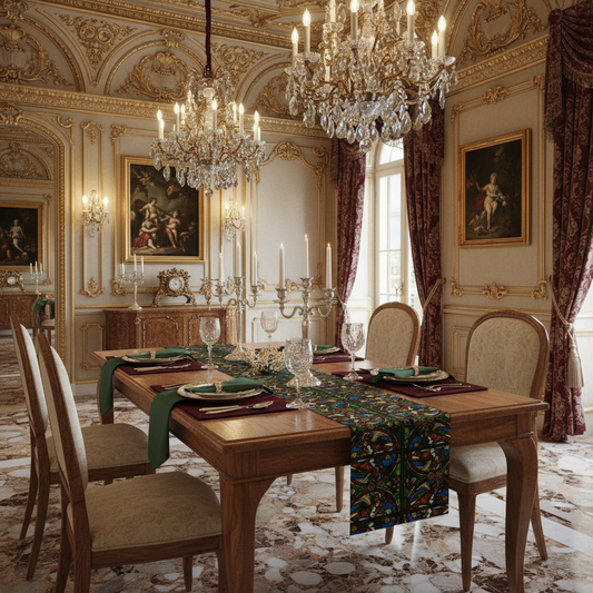 Baroque dining room with exact table runner design, placemats and napkins