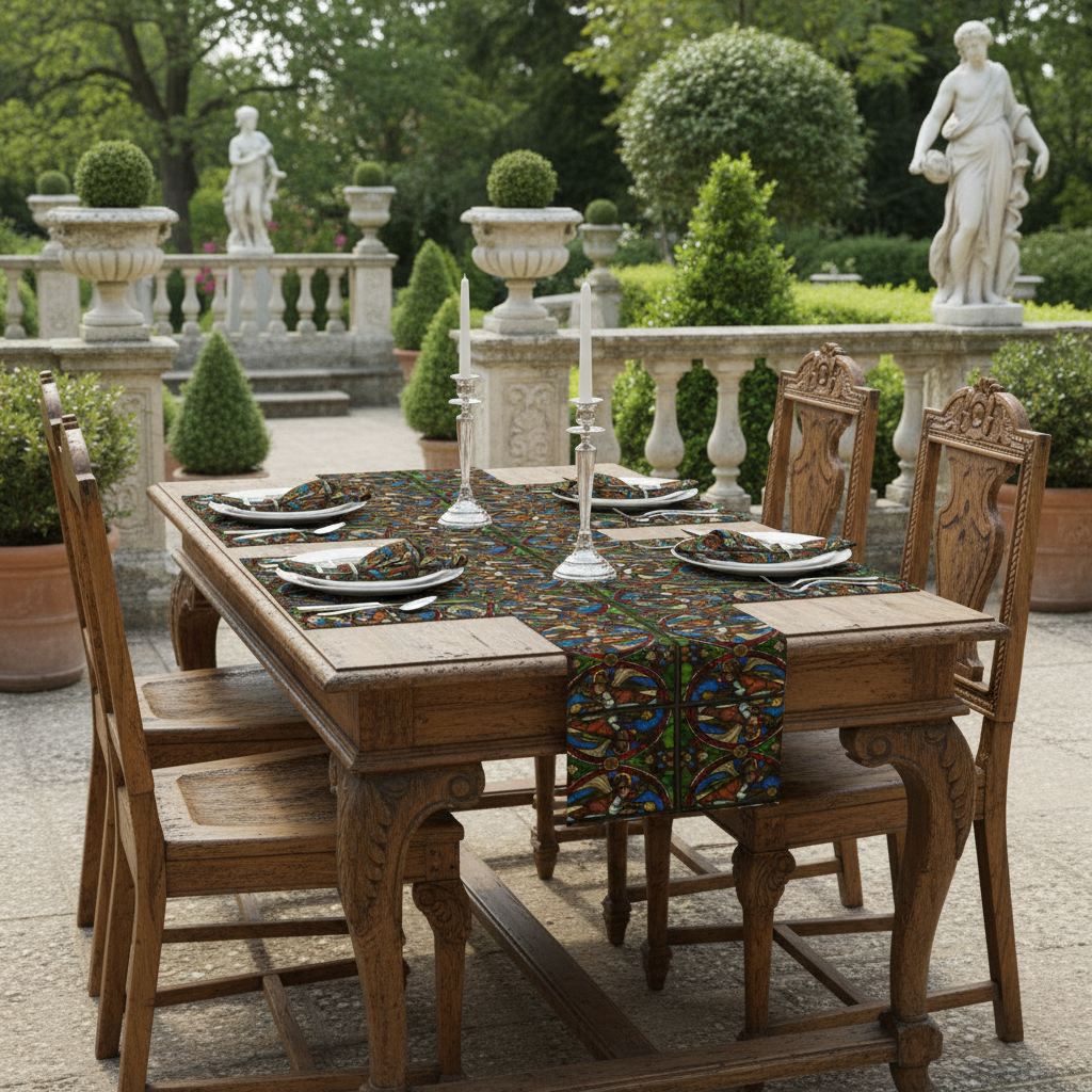 Baroque terrace garden with prominent matching napkins displayed at each setting
