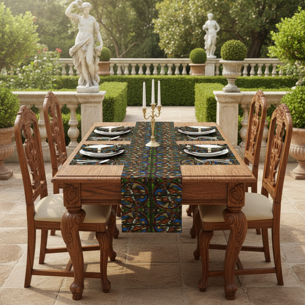 Baroque terrace garden with wider table showing wood between runner and placemats