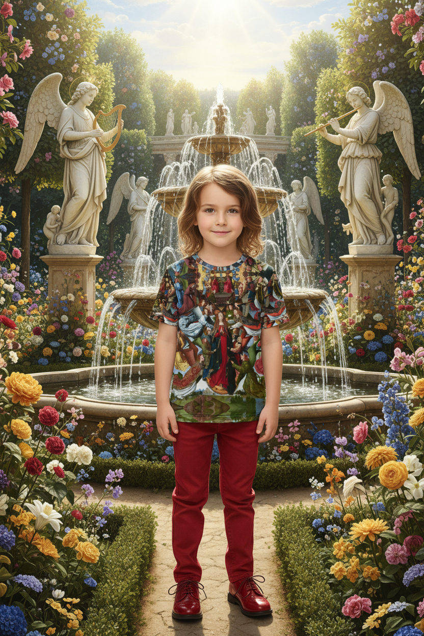 Beautiful 7 year old kid wearing Mary Queen of Heaven all-over print t-shirt in bright colorful castle garden