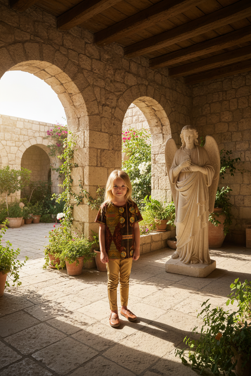 Beautiful blonde haired little girl in ancient Nazareth home with no white neckline trim