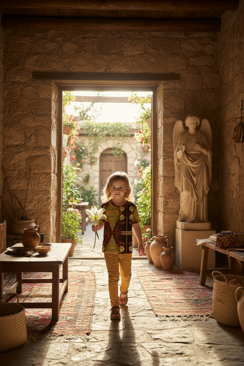 Beautiful blonde haired little girl walking towards camera holding lily in ancient Nazareth home with period furniture