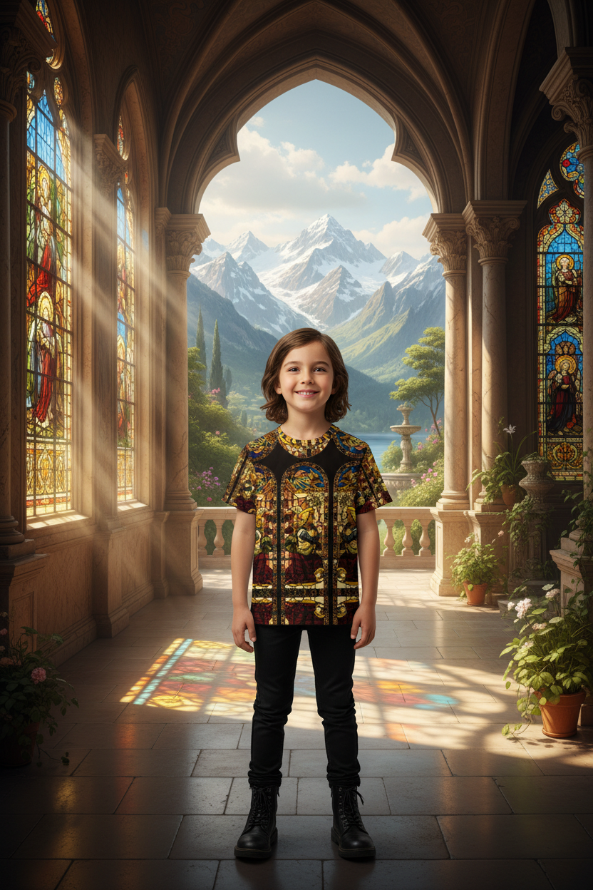Beautiful child in church open to garden terrace with mountains and lake view, no white neckline trim