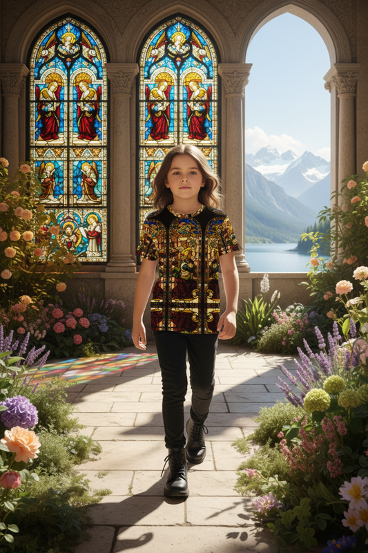 Beautiful child walking towards camera in sunny spot on terrace with church, mountains and lake