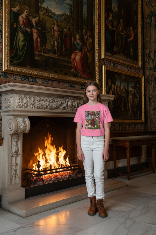 Beautiful girl youth near fireplace with religious artwork - Mary, Queen of Heaven tee