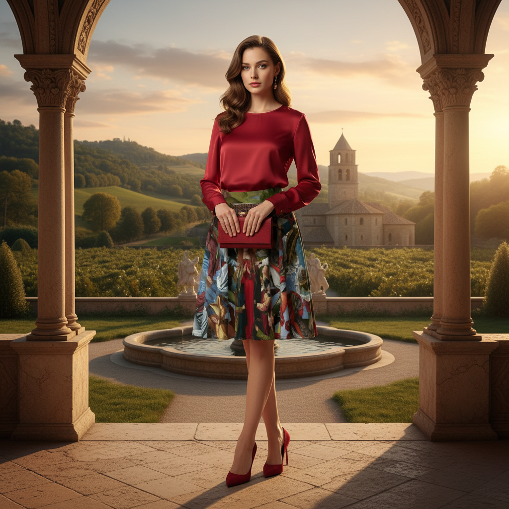 Beautiful model in skirt with red accessories in Renaissance courtyard