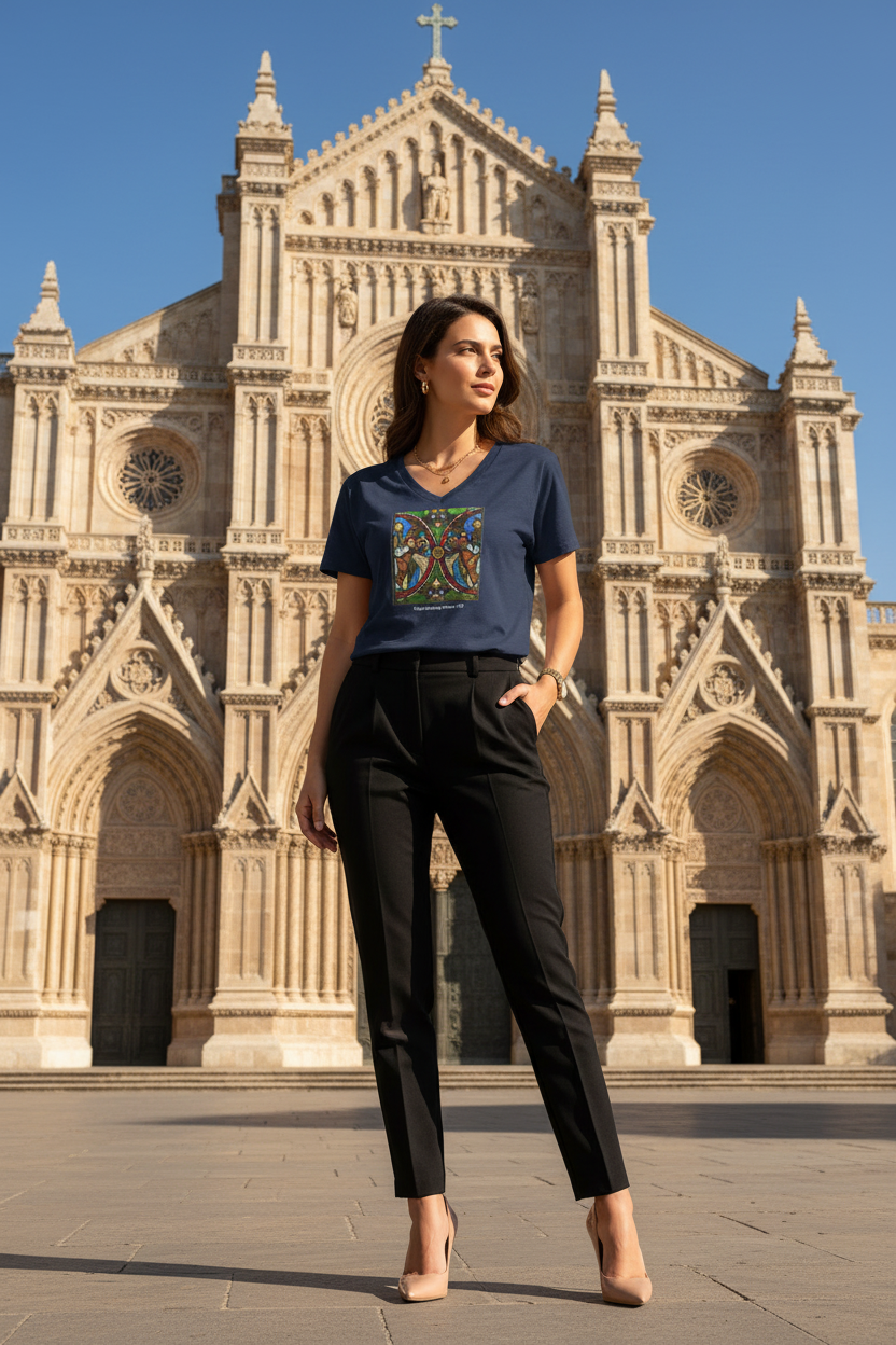 Beautiful model wearing Angels Swinging Censurs tee with slacks and heels outside Renaissance church