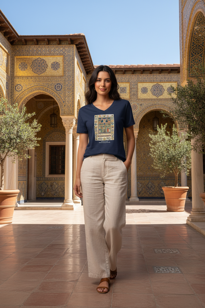 Beautiful model wearing Christ and the Virgin Enthroned tee shirt in Byzantine courtyard