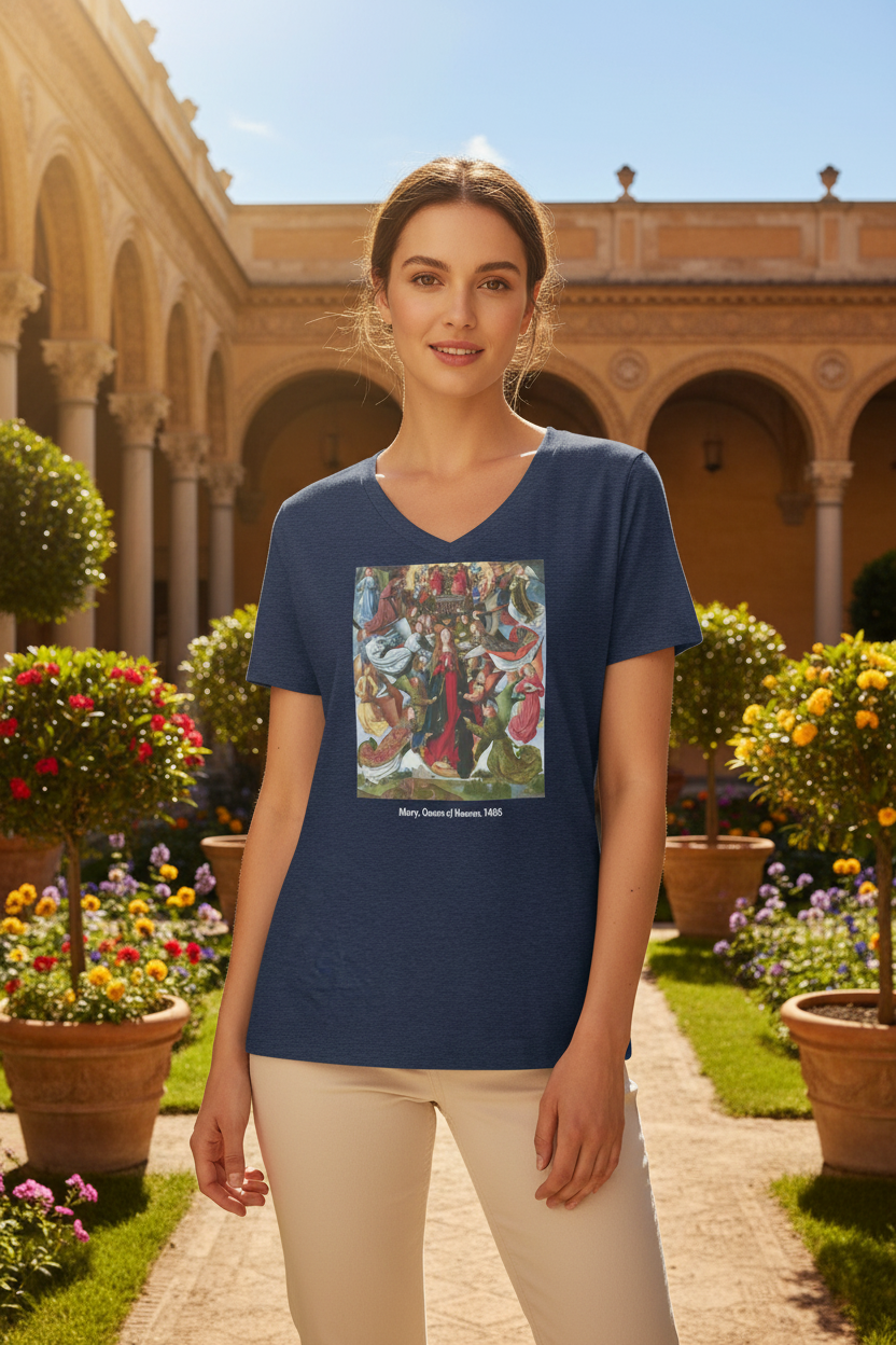 Beautiful model wearing Mary, Queen of Heaven tee shirt in Renaissance setting