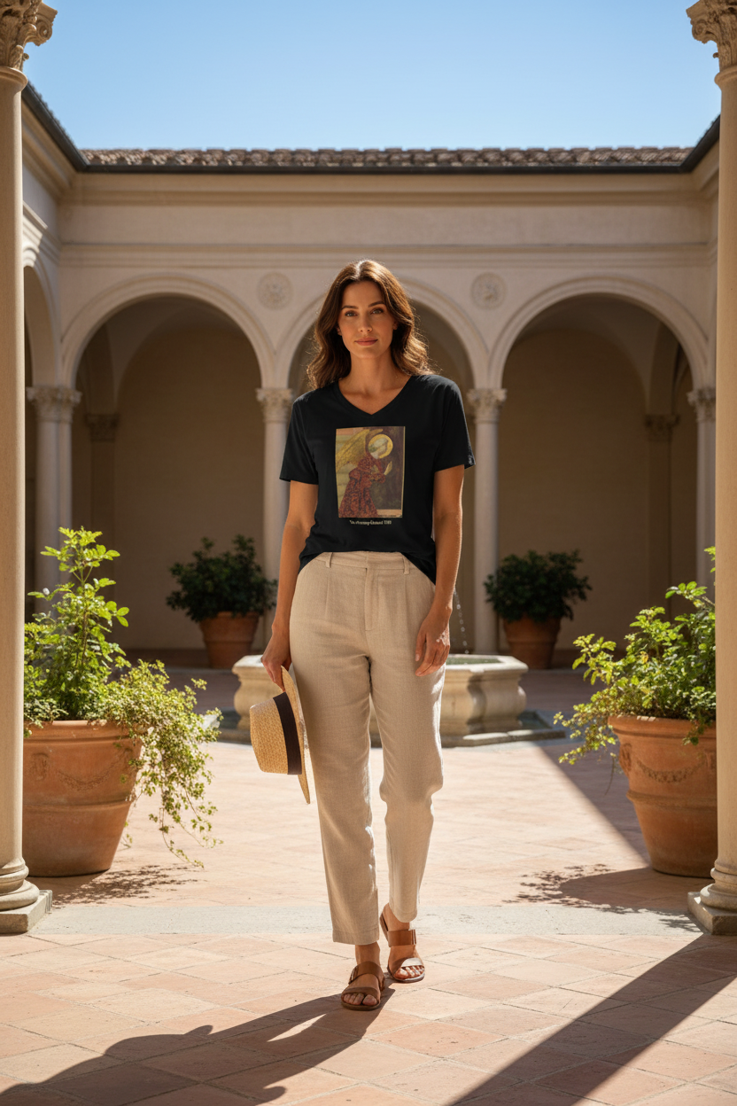 Beautiful model wearing The Archangel Gabriel tee shirt in Renaissance courtyard