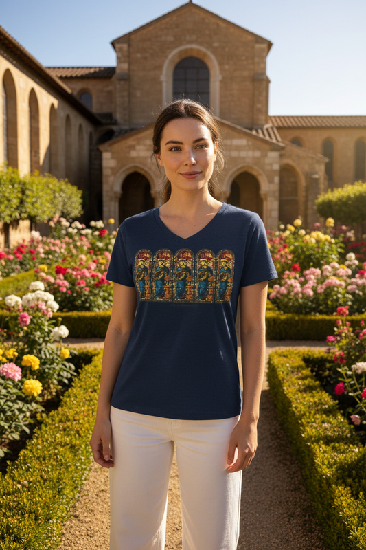 Beautiful model wearing The Virgin Annunciate tee shirt in Renaissance church garden