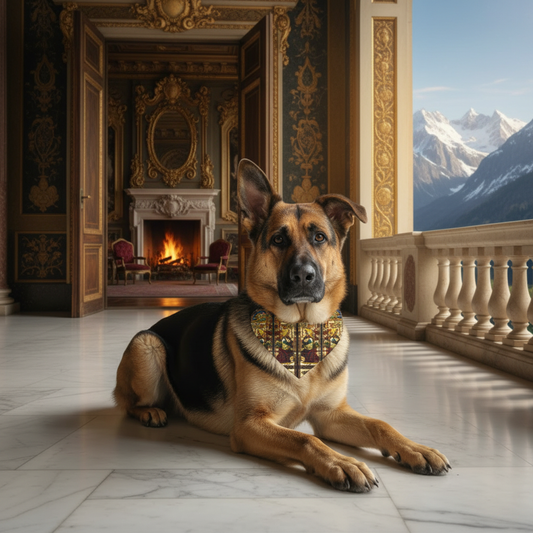 Black and sable German Shepherd on Renaissance balcony