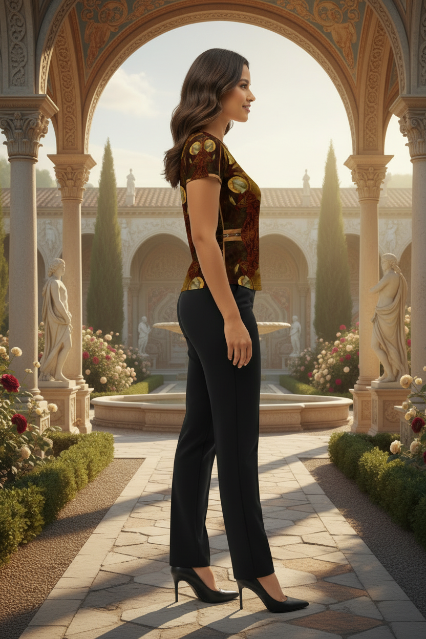 Black-haired model right side in Archangel Gabriel top