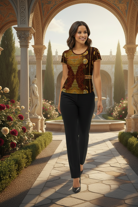 Black-haired model walking in Archangel Gabriel top with black slacks