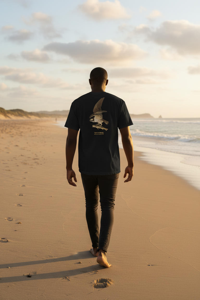 Black male model wearing Osprey and Weakfish t-shirt - back view walking in coastal setting