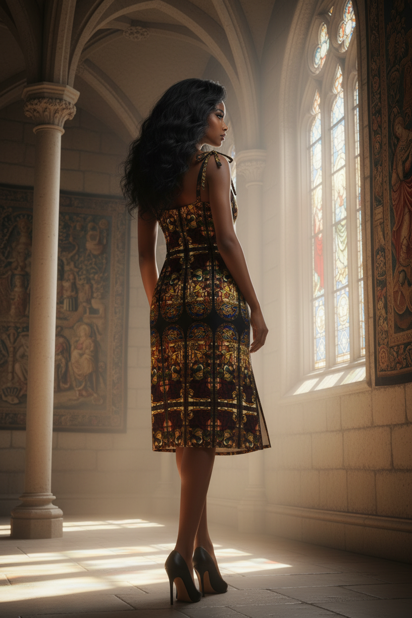 Black model back view with sleek black high heels