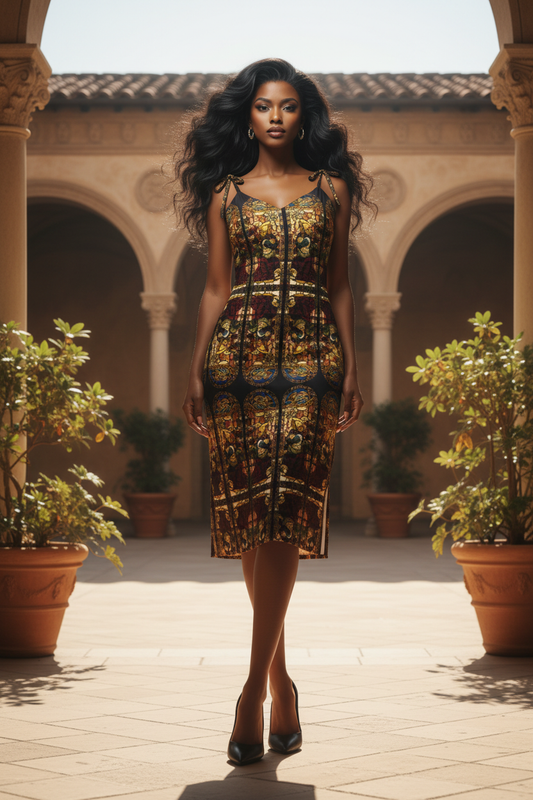 Black model front view in sunny Renaissance courtyard with black heels