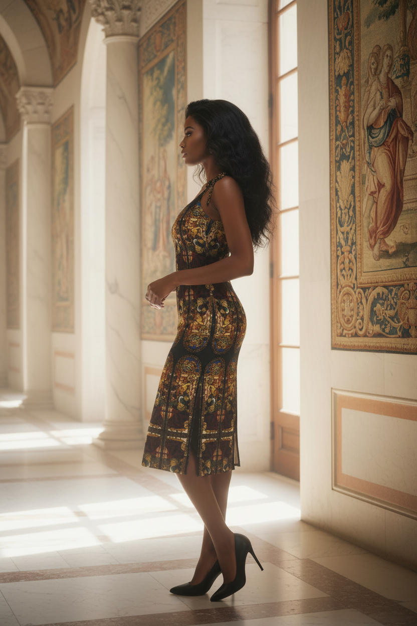 Black model left side profile in bright Renaissance palace
