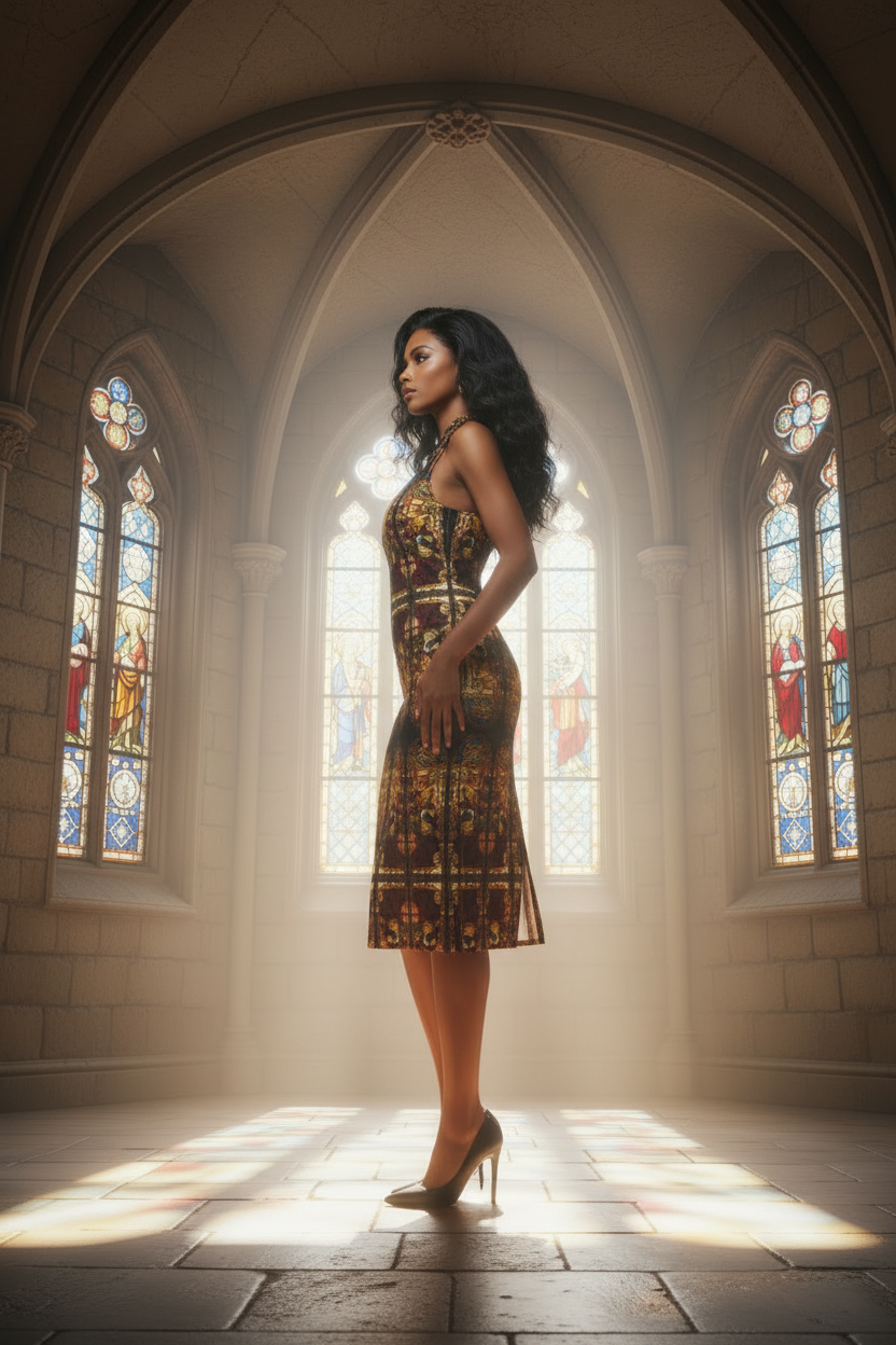 Black model right side profile in bright Renaissance palace