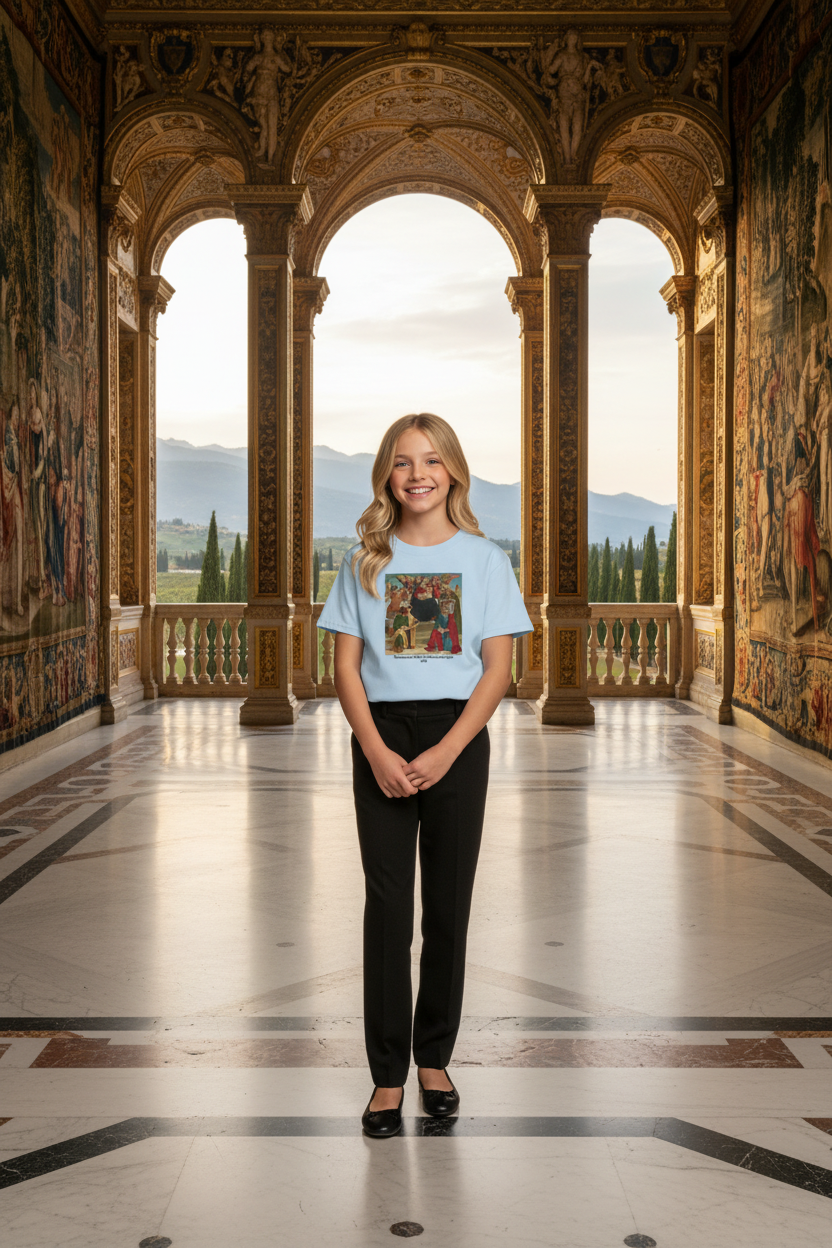 Blonde girl youth in regal Renaissance palace with balcony overlooking countryside
