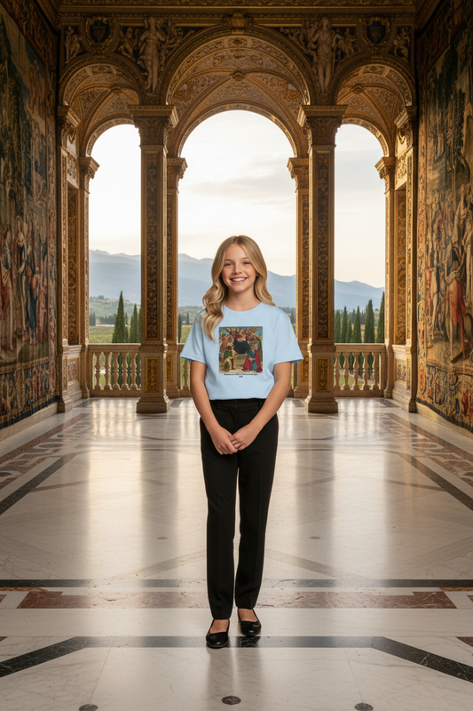 Blonde girl youth in regal Renaissance palace with balcony overlooking countryside