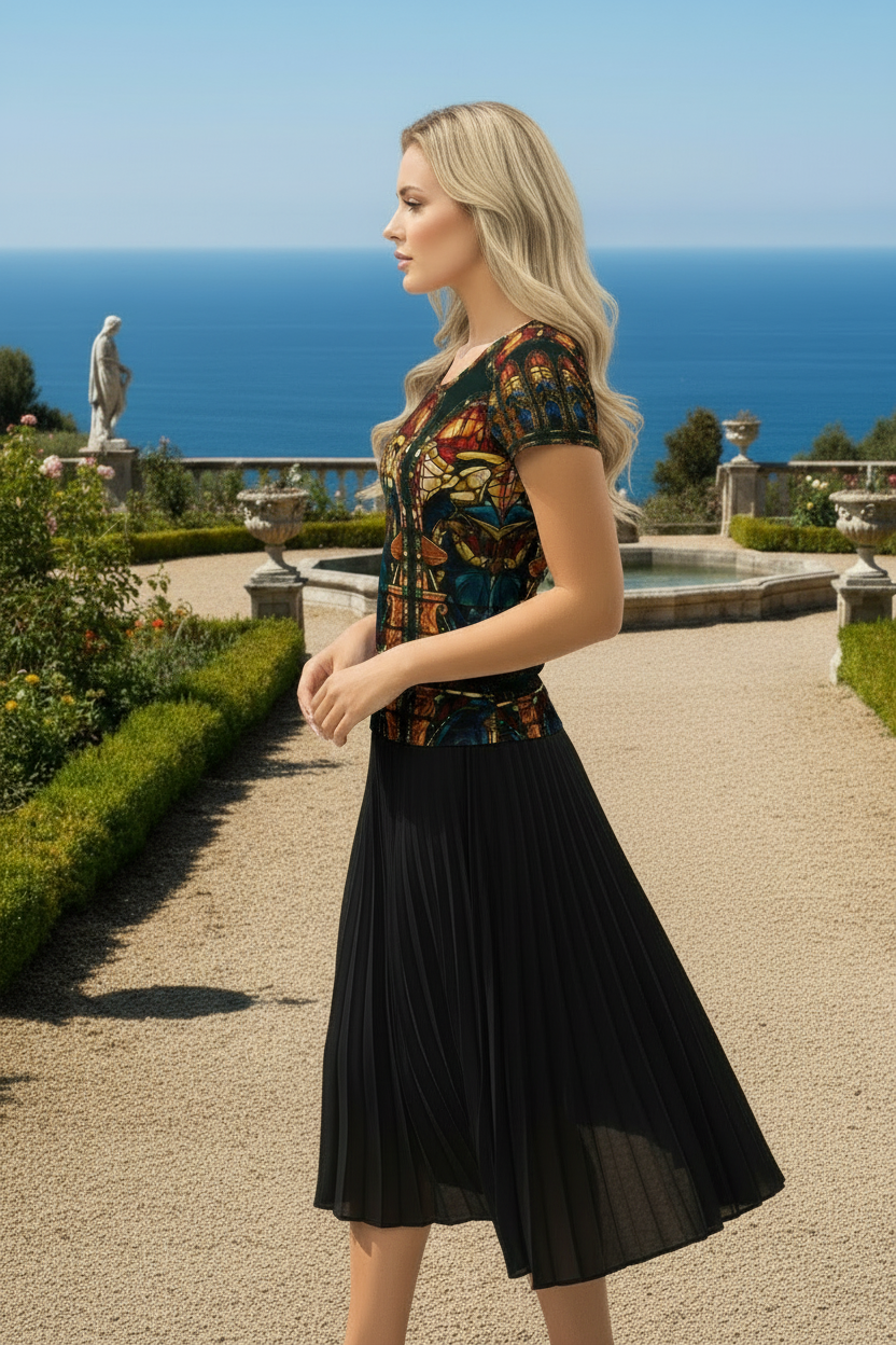 Blonde model left side in ocean front garden