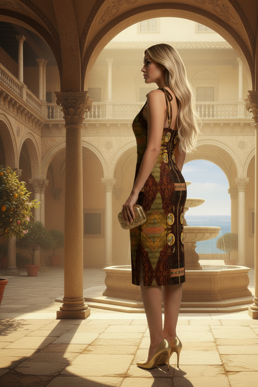 Blonde model left side in Renaissance courtyard with ocean