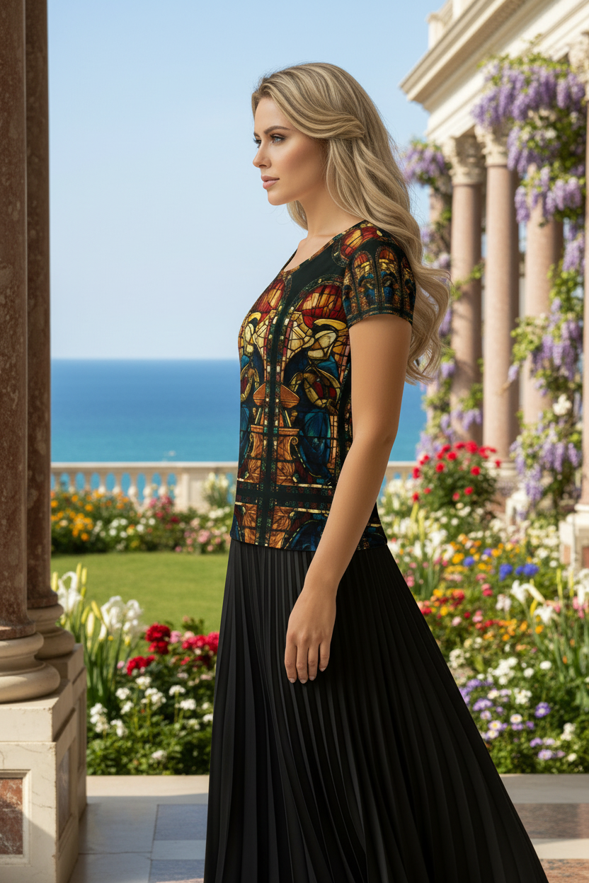 Blonde model right side in ocean front garden
